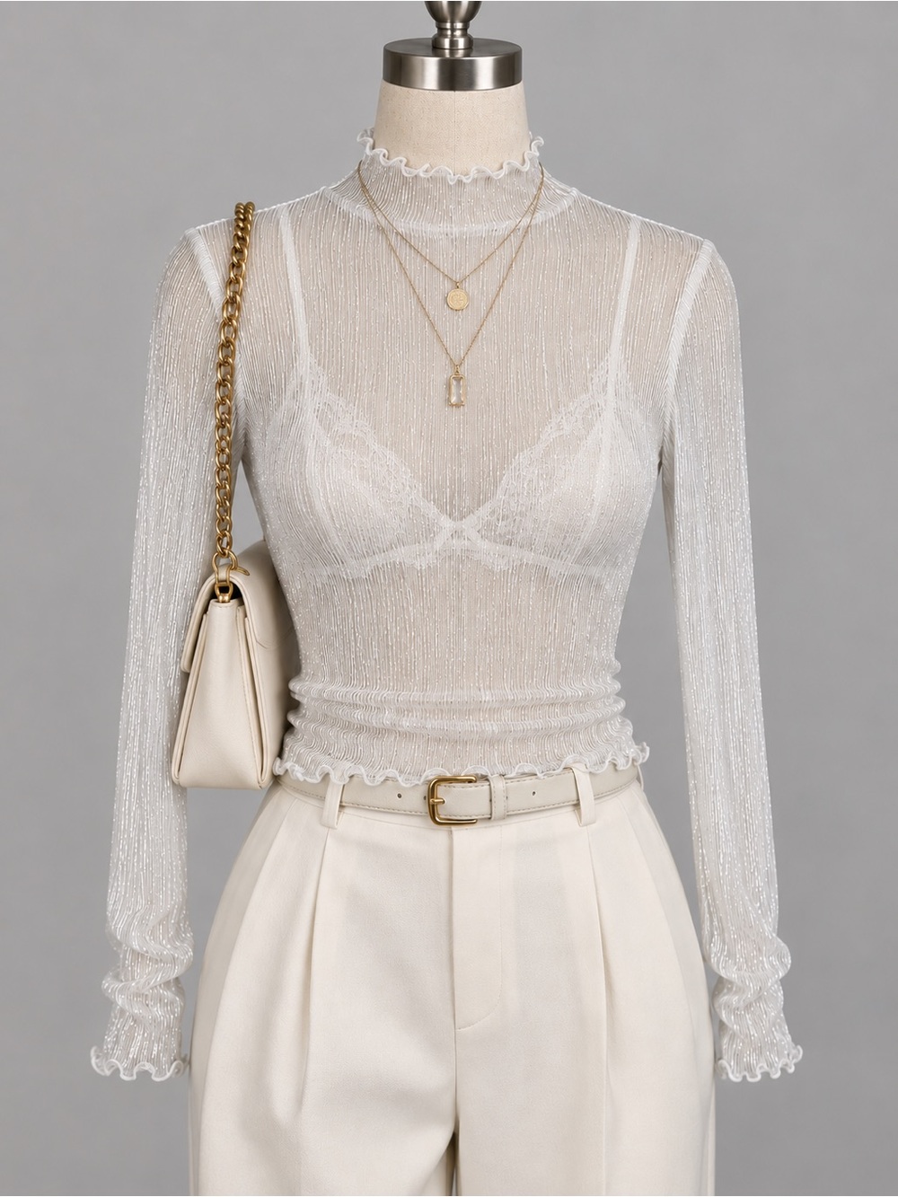 Sheer Sparkly Ruffle-Neck Long Sleeve Top - Cream